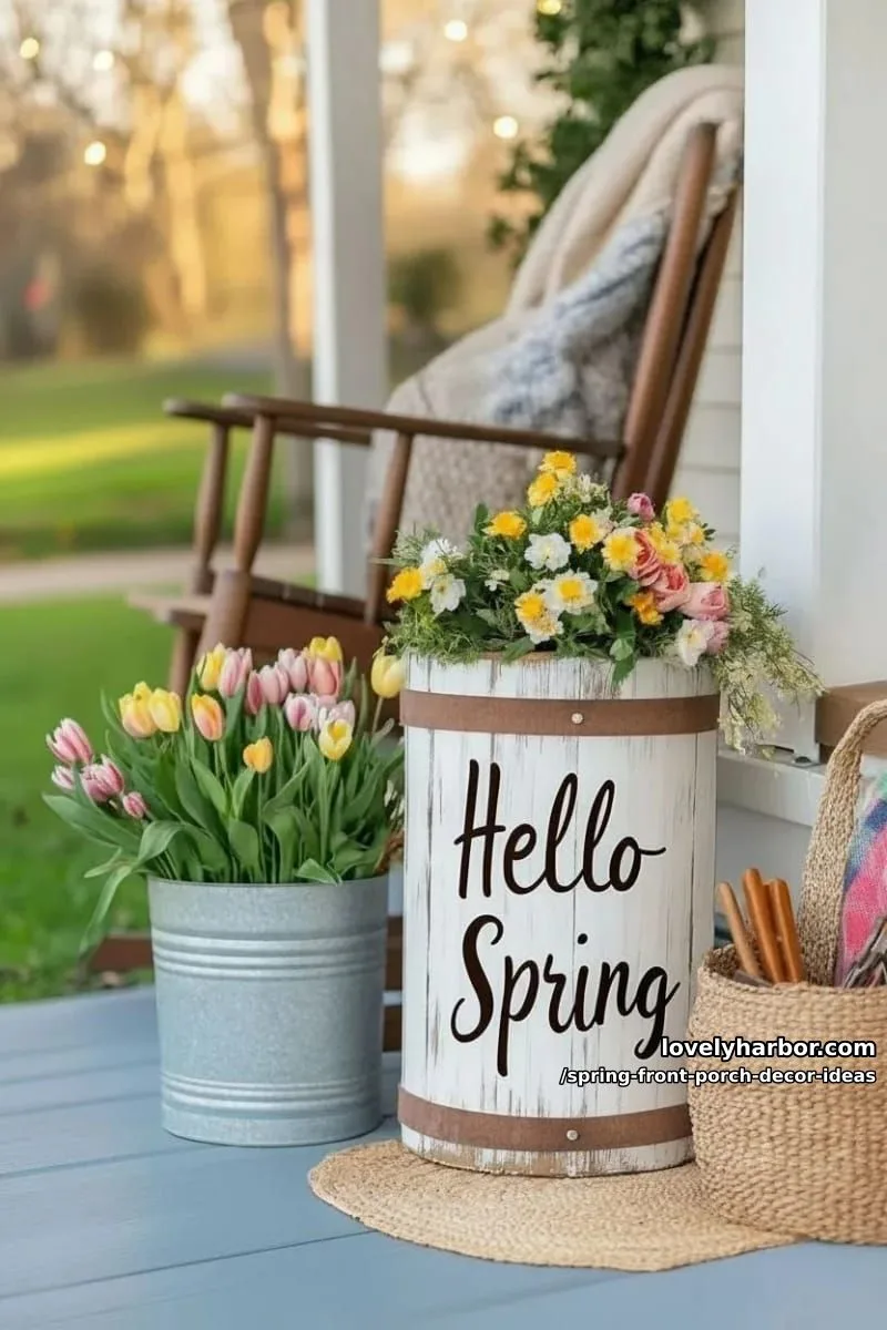 large farmhouse style “hello spring” wooden sign by the door 1
