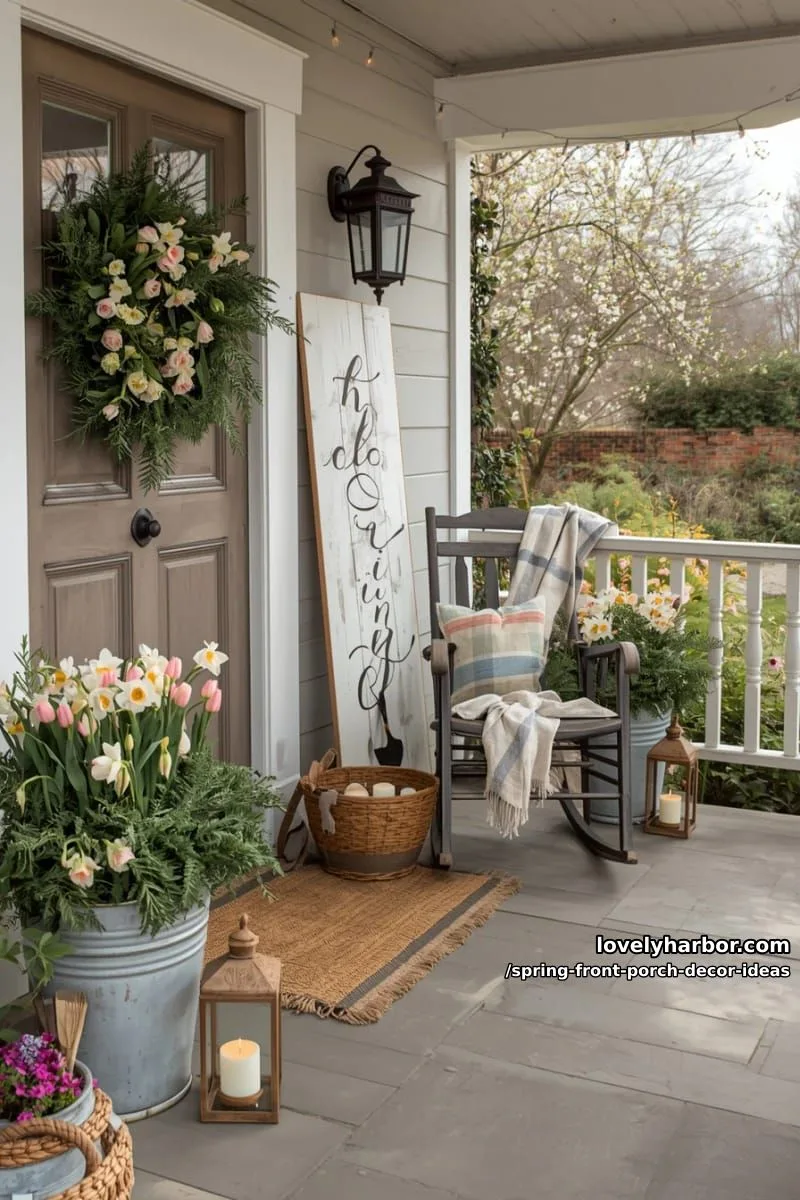 large farmhouse style “hello spring” wooden sign by the door 1