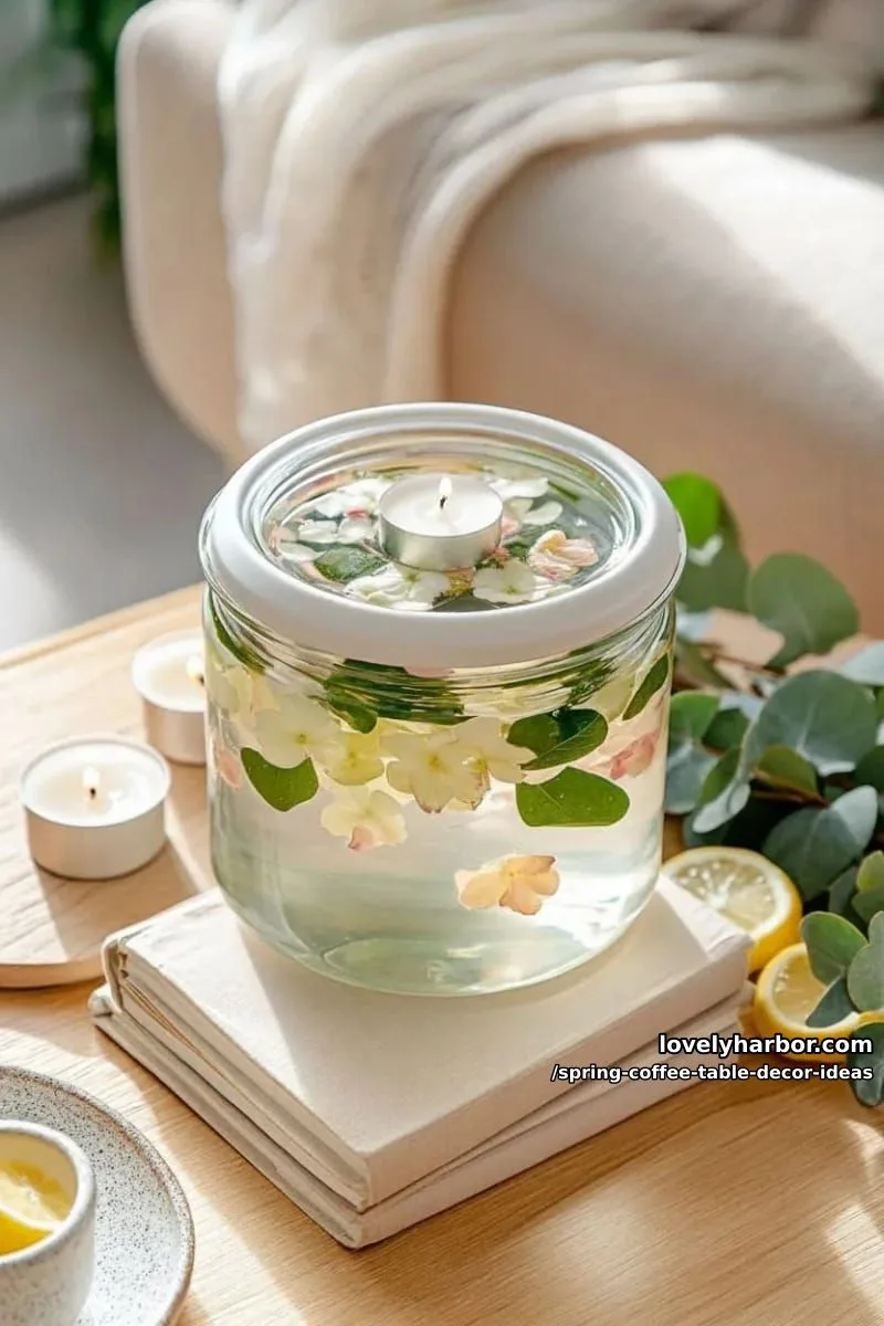 large glass jar with floating florals and tea lights for a glowing arrangement 1