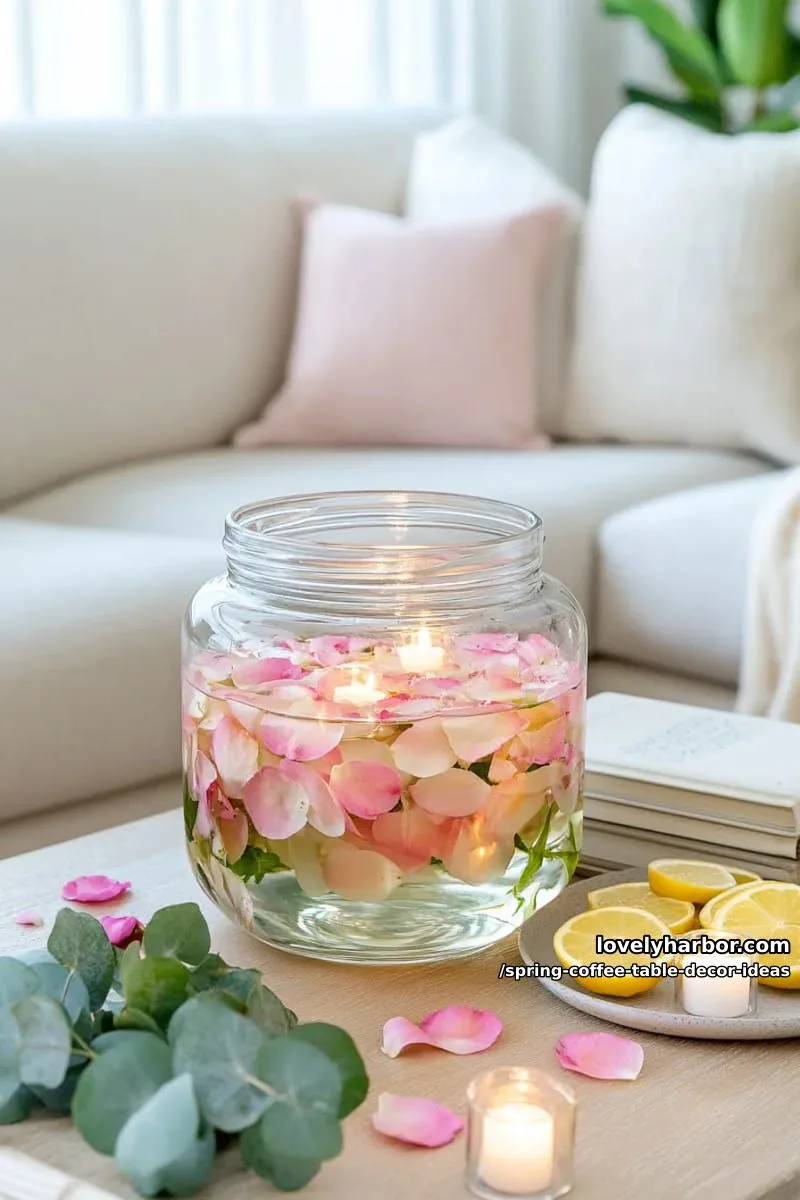 large glass jar with floating florals and tea lights for a glowing arrangement 1