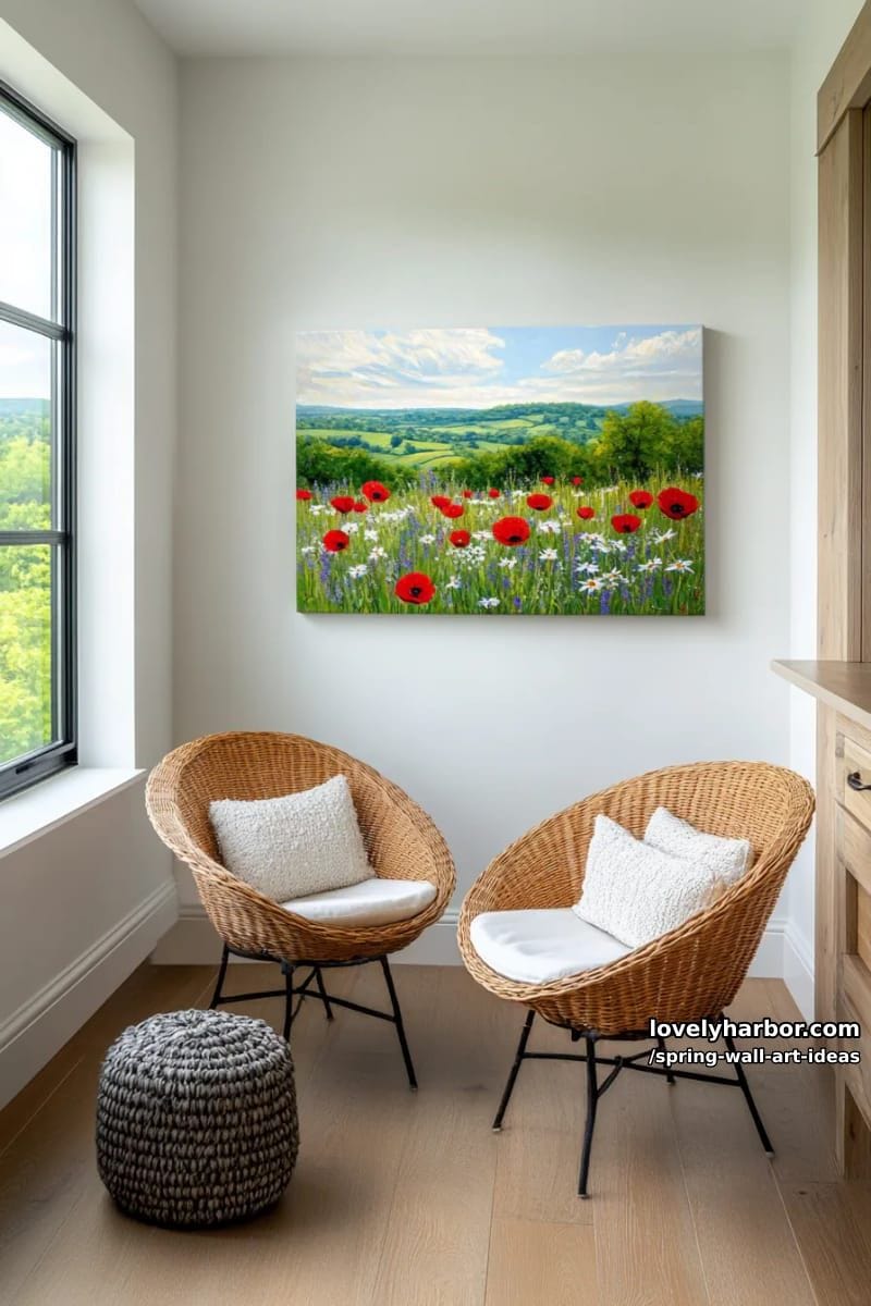 large-scale painting of a sunlit meadow with scattered poppies and daisies 1