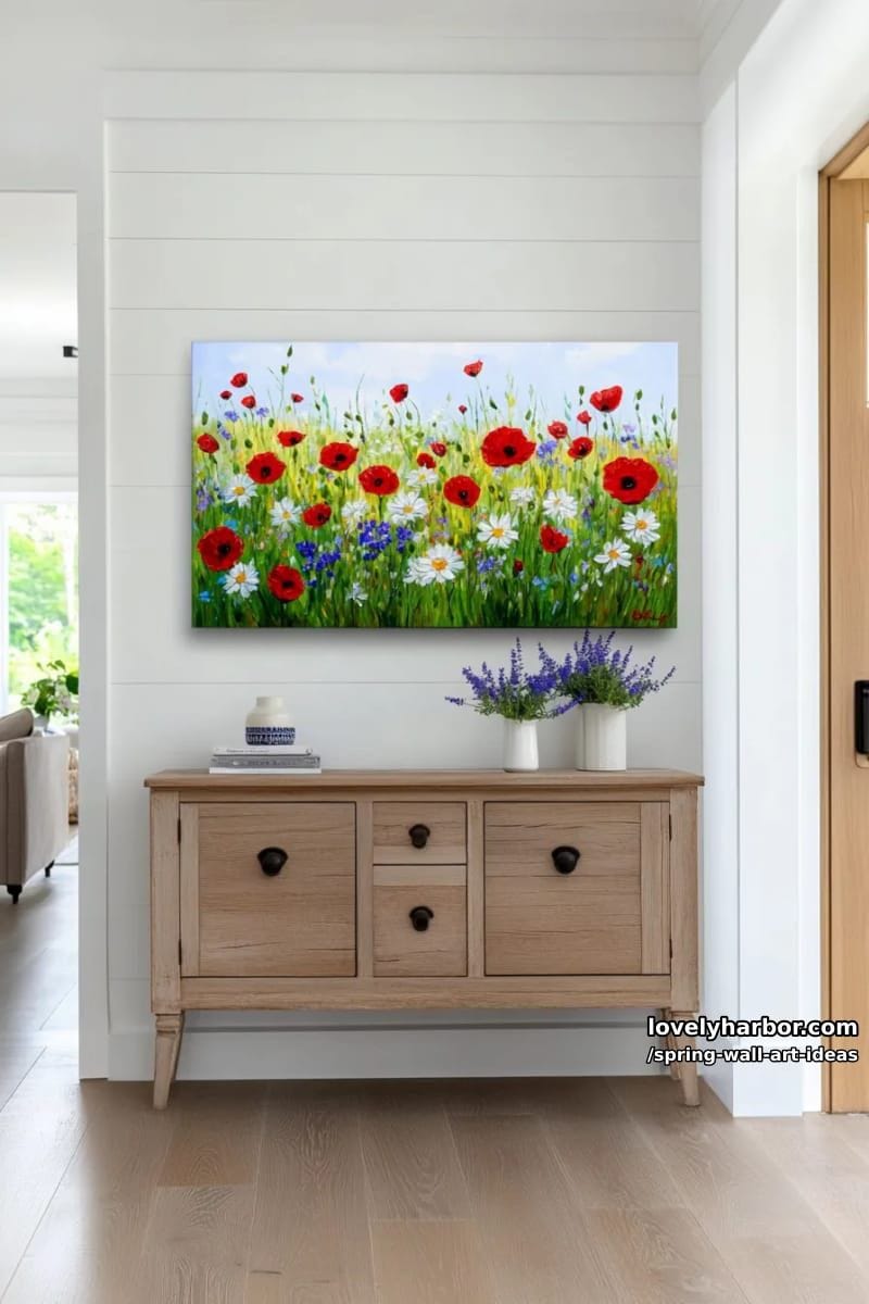 large-scale painting of a sunlit meadow with scattered poppies and daisies 1