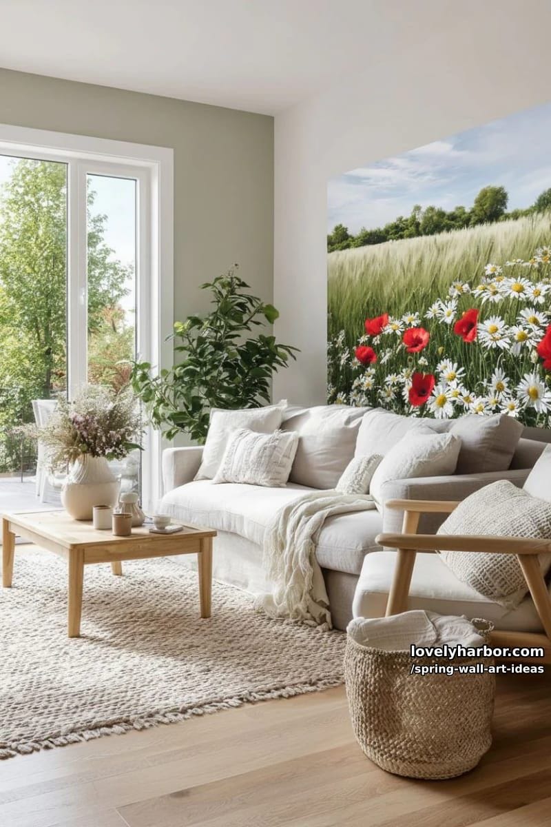 large-scale painting of a sunlit meadow with scattered poppies and daisies 1