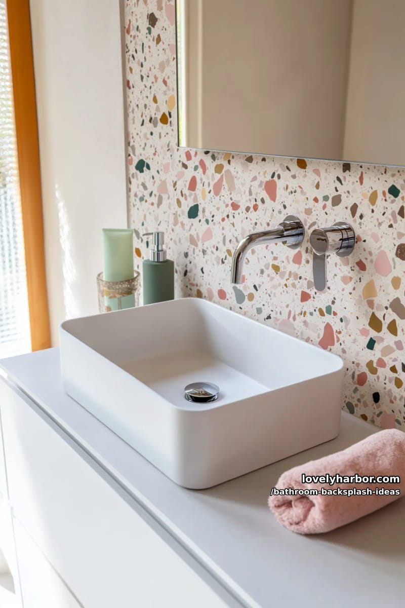 large terrazzo backsplash with pastel confetti chips for playful whimsy 1