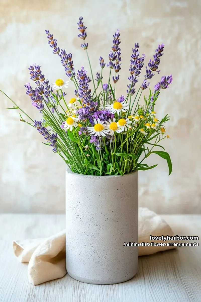 15 Chic Minimalist Flower Arrangements: Simple Designs with Huge Impact 35 lavender and wildflowers in textured gray concrete bud vase 1