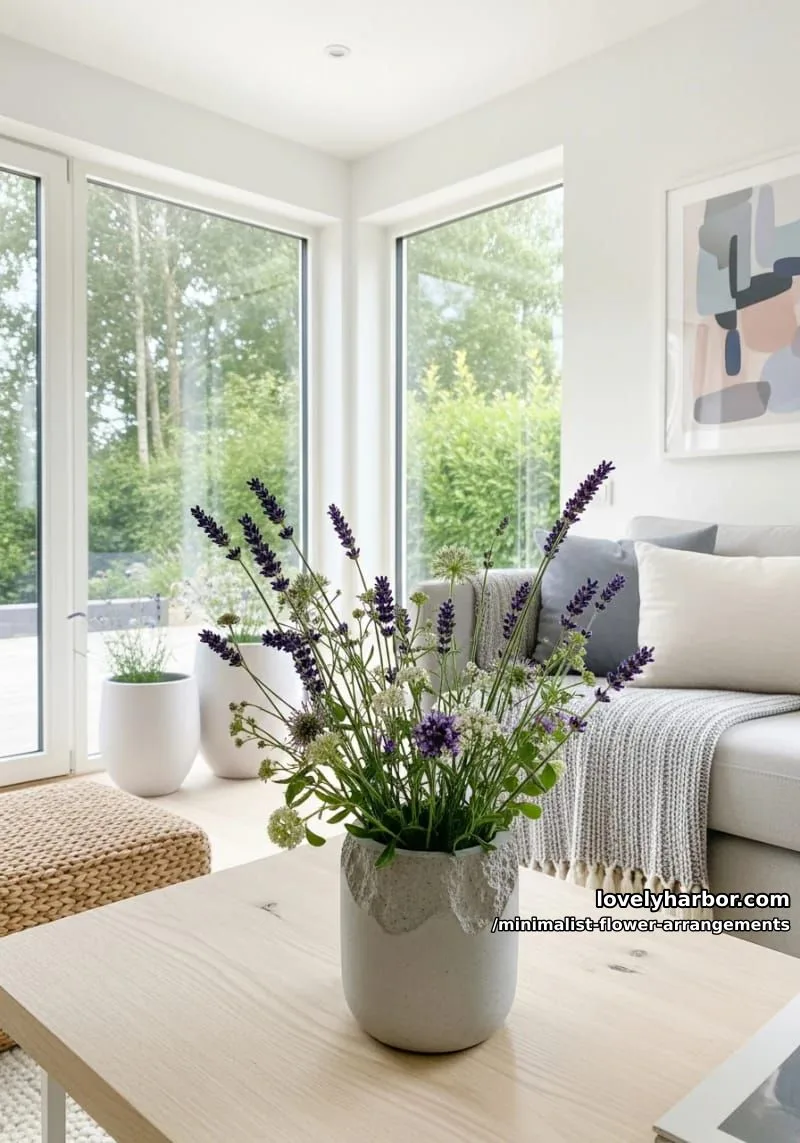 15 Chic Minimalist Flower Arrangements: Simple Designs with Huge Impact 36 lavender and wildflowers in textured gray concrete bud vase 1
