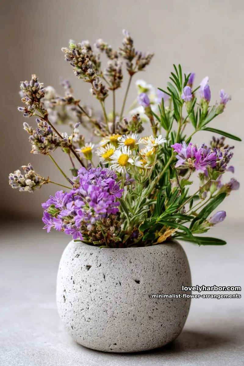 15 Chic Minimalist Flower Arrangements: Simple Designs with Huge Impact 37 lavender and wildflowers in textured gray concrete bud vase 1