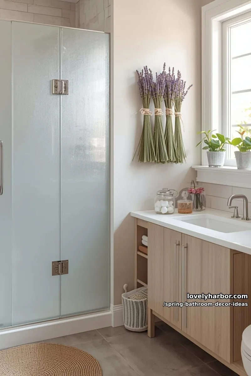 lavender bunches tied with twine hanging beside frosted glass shower doors 1