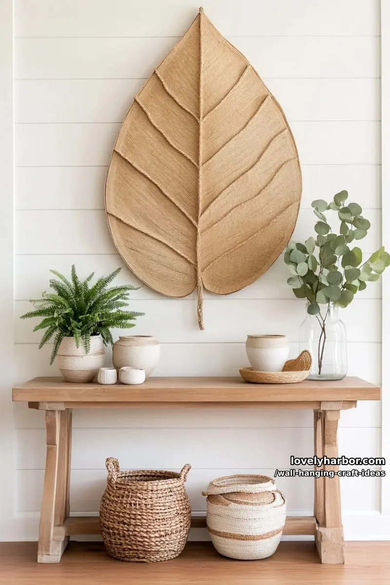 15 Artistic Wall Hanging Crafts to Upgrade Your Home 32 layer cardboard and twine to craft a realistic oversized leaf art piece. 1