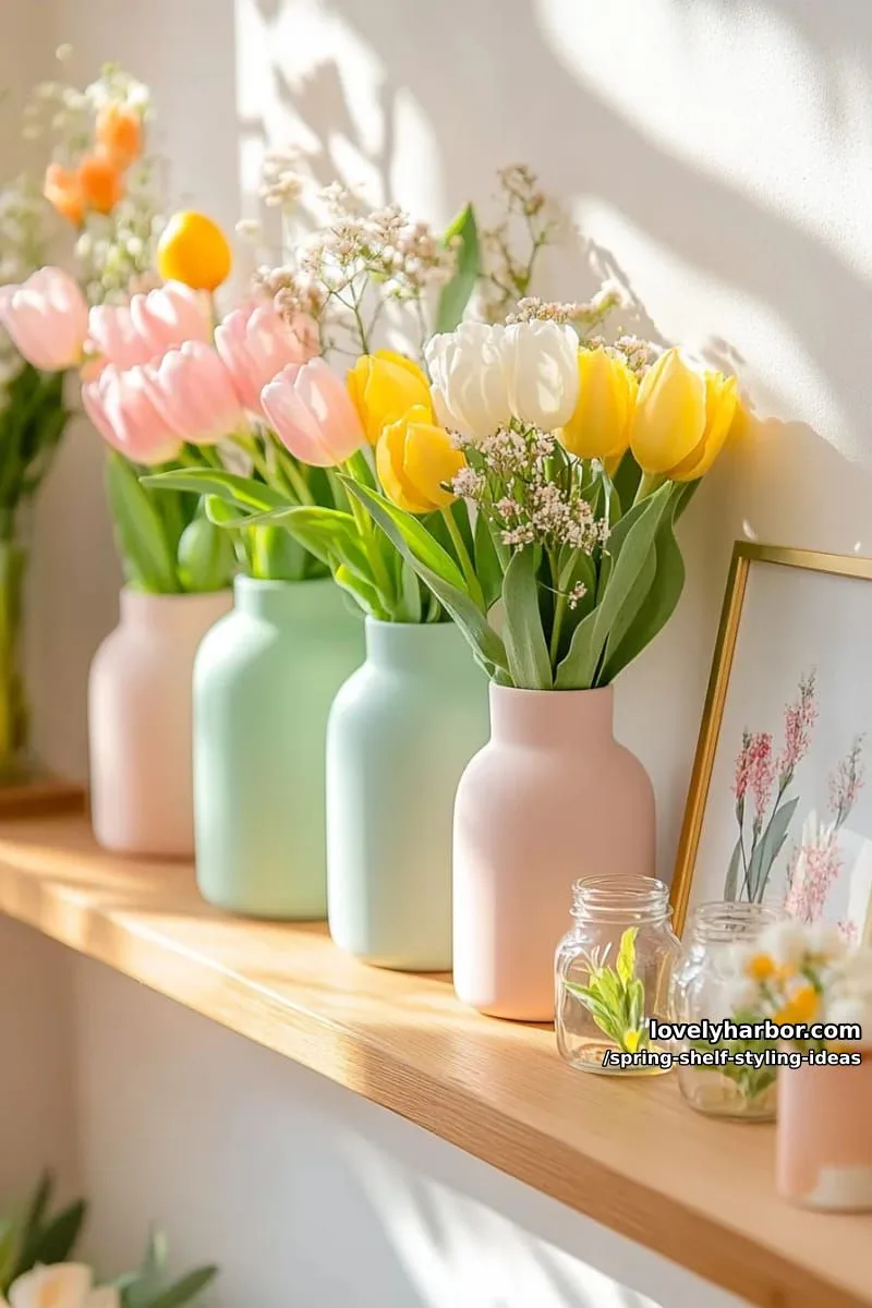 layer pastel ceramic vases with fresh tulips and delicate greenery sprigs. 1