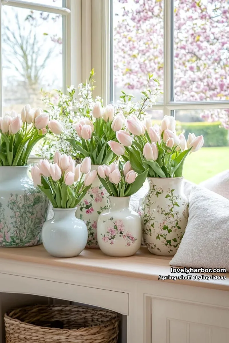 layer pastel ceramic vases with fresh tulips and delicate greenery sprigs. 1