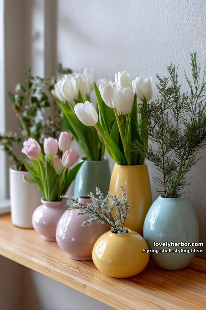 layer pastel ceramic vases with fresh tulips and delicate greenery sprigs. 1
