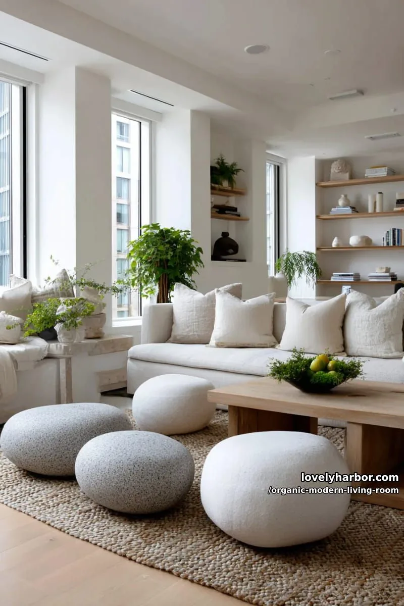 layer pebble-shaped ottomans and floor pillows in natural fibers 1