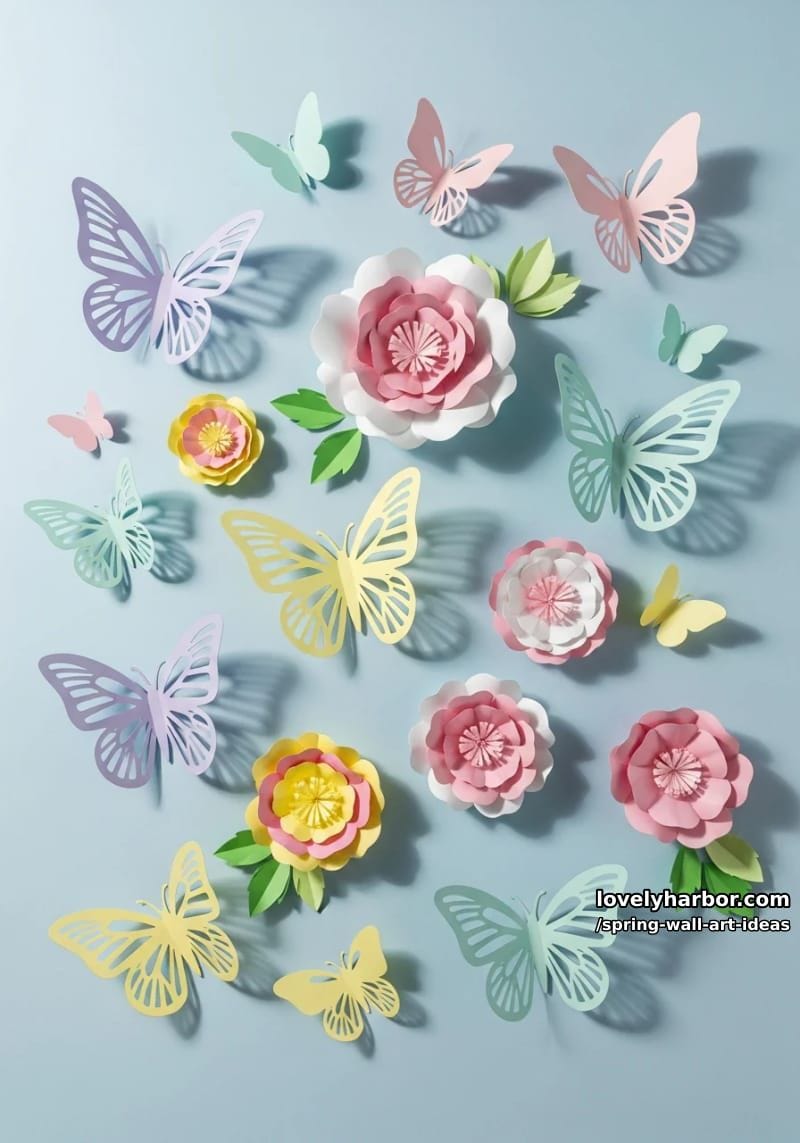 layered 3d paper butterflies and flowers on a pale blue wall panel 1