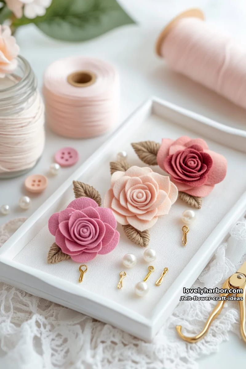 layered felt rose brooches using ombré pink felt scraps 1