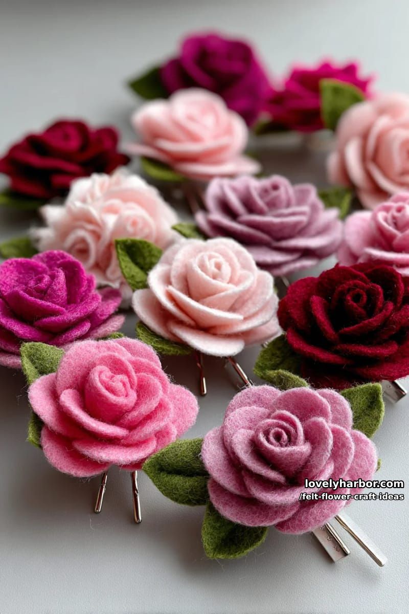 layered felt rose brooches using ombré pink felt scraps 1