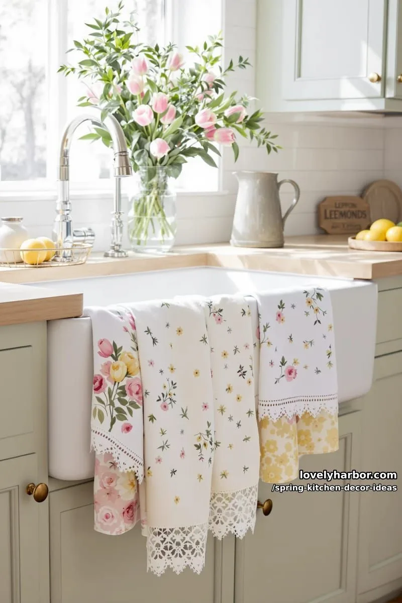 layered floral dish towels draped over farmhouse sink edge 1