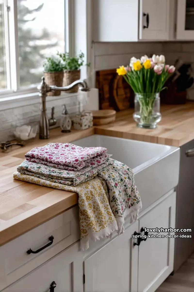 layered floral dish towels draped over farmhouse sink edge 1