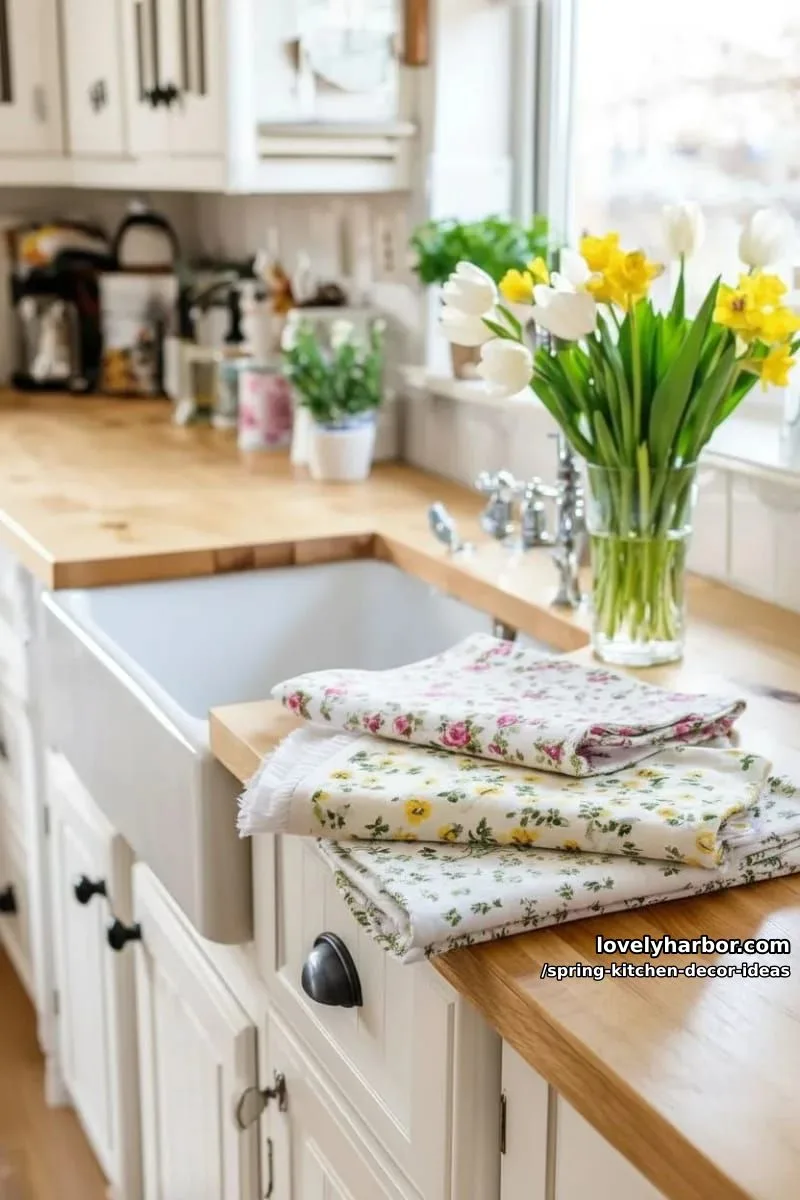 layered floral dish towels draped over farmhouse sink edge 1
