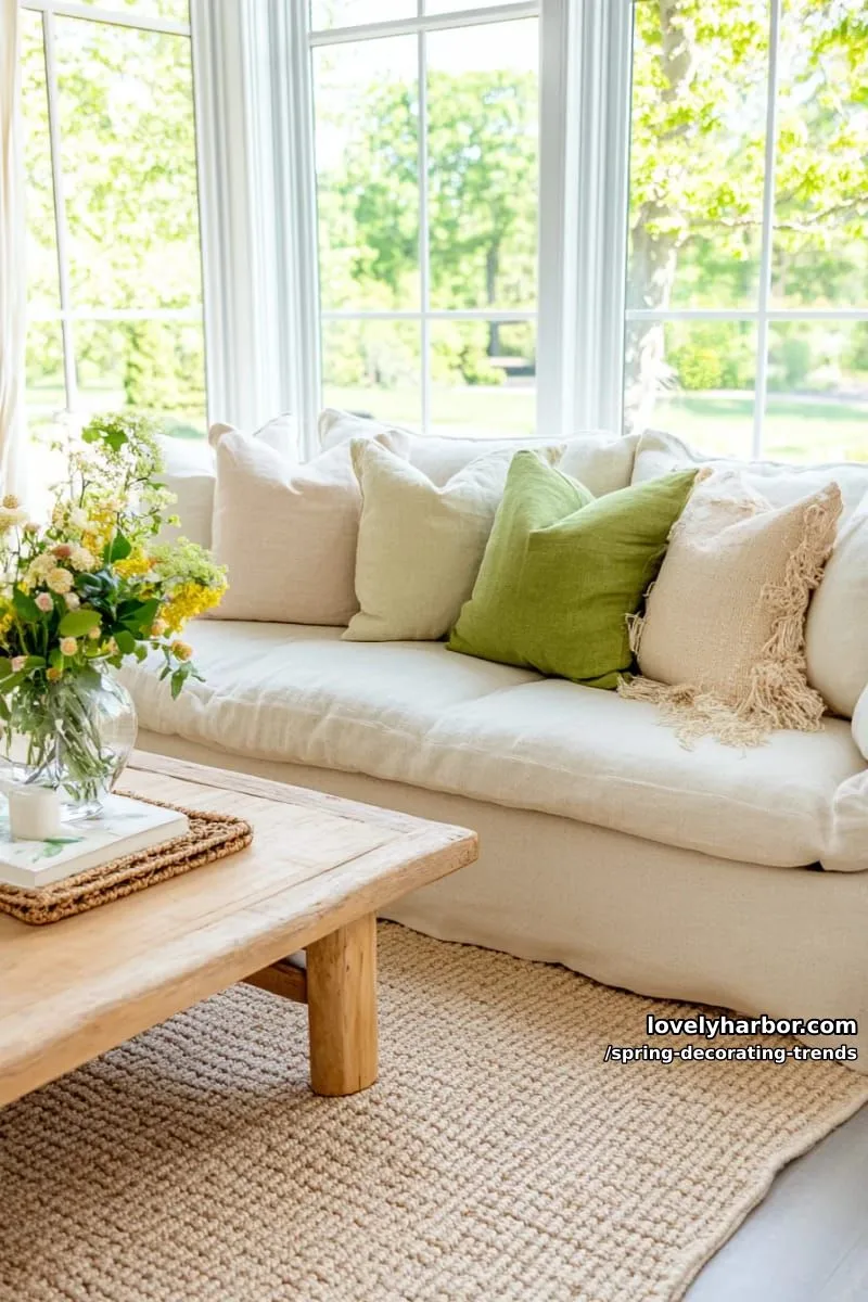 layered linen throw pillows in sage, blush, and butter yellow 1