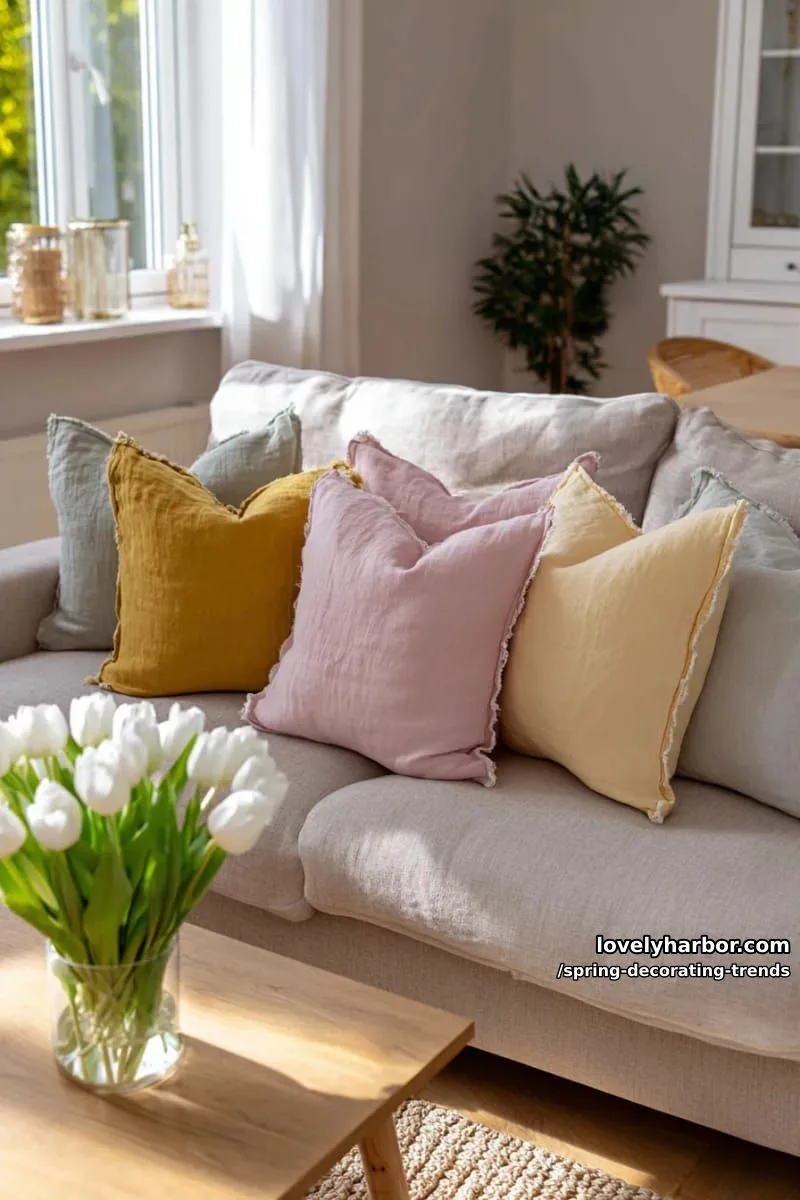 layered linen throw pillows in sage, blush, and butter yellow 1