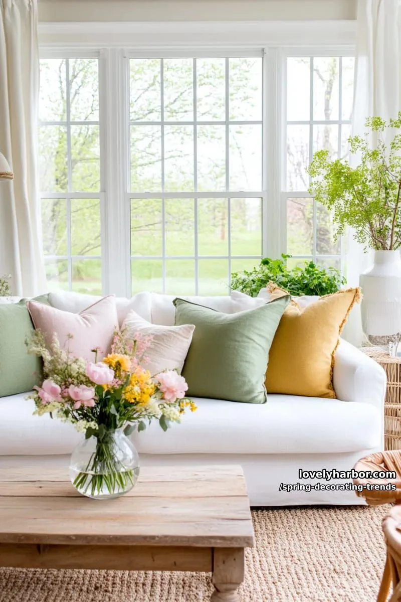 layered linen throw pillows in sage, blush, and butter yellow 1