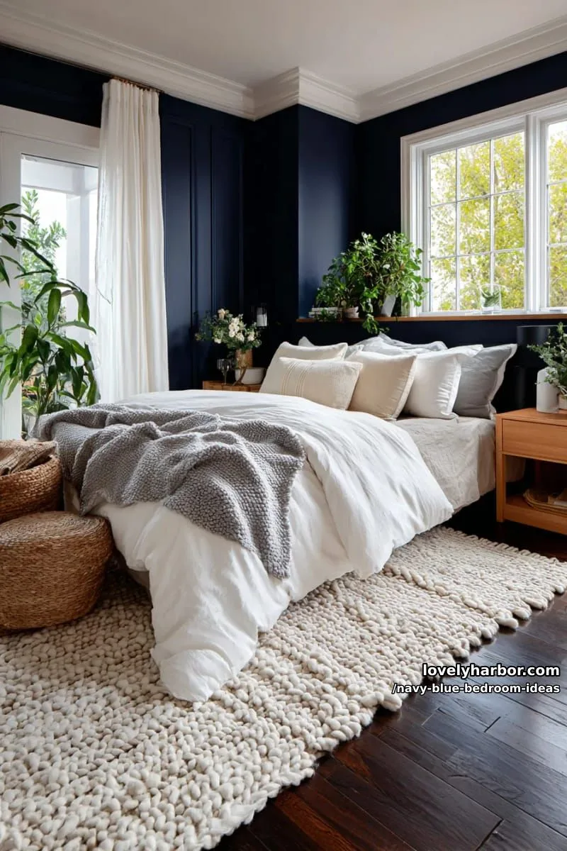 layered neutral rugs over dark hardwood floors with navy blue walls 1