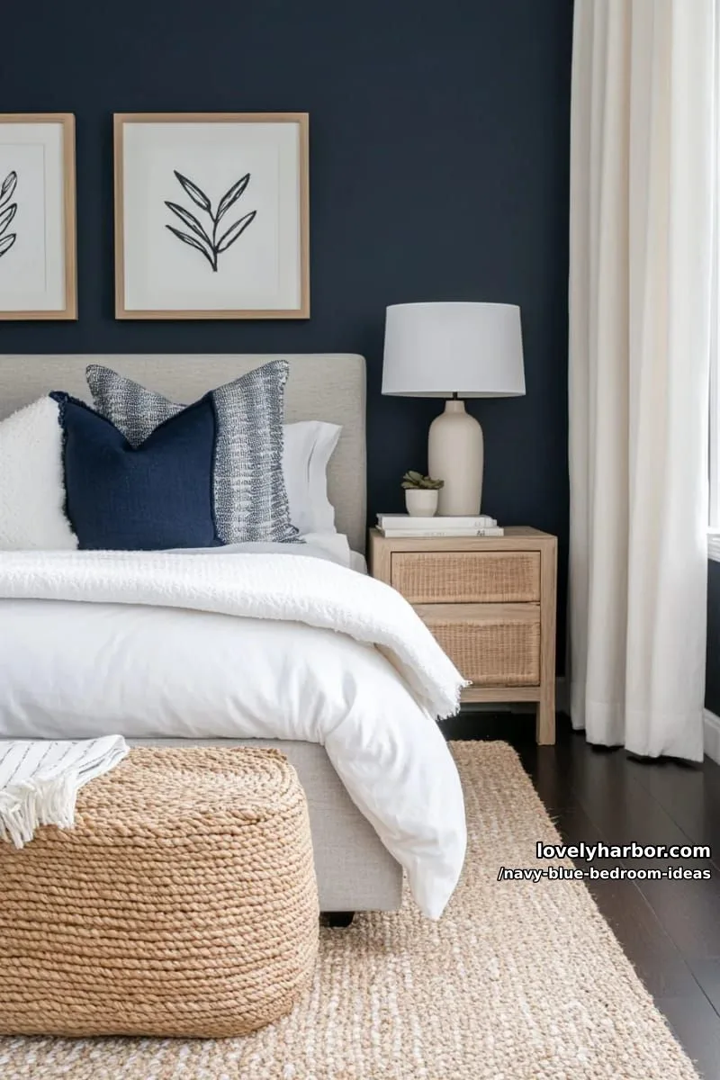 layered neutral rugs over dark hardwood floors with navy blue walls 1