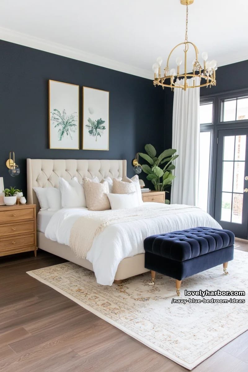 layered neutral rugs over dark hardwood floors with navy blue walls 1