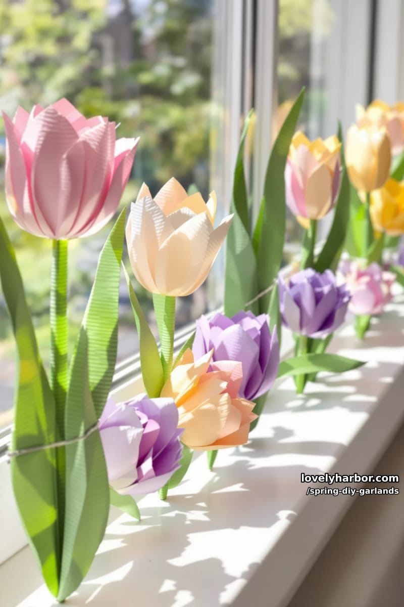 layered paper tulips with crepe paper green leaves for window sills 1