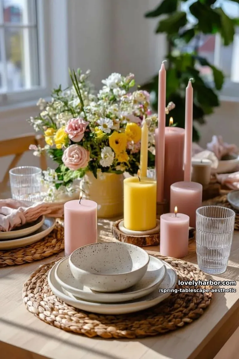 layered pink and yellow taper candles with textured ceramic tableware 1