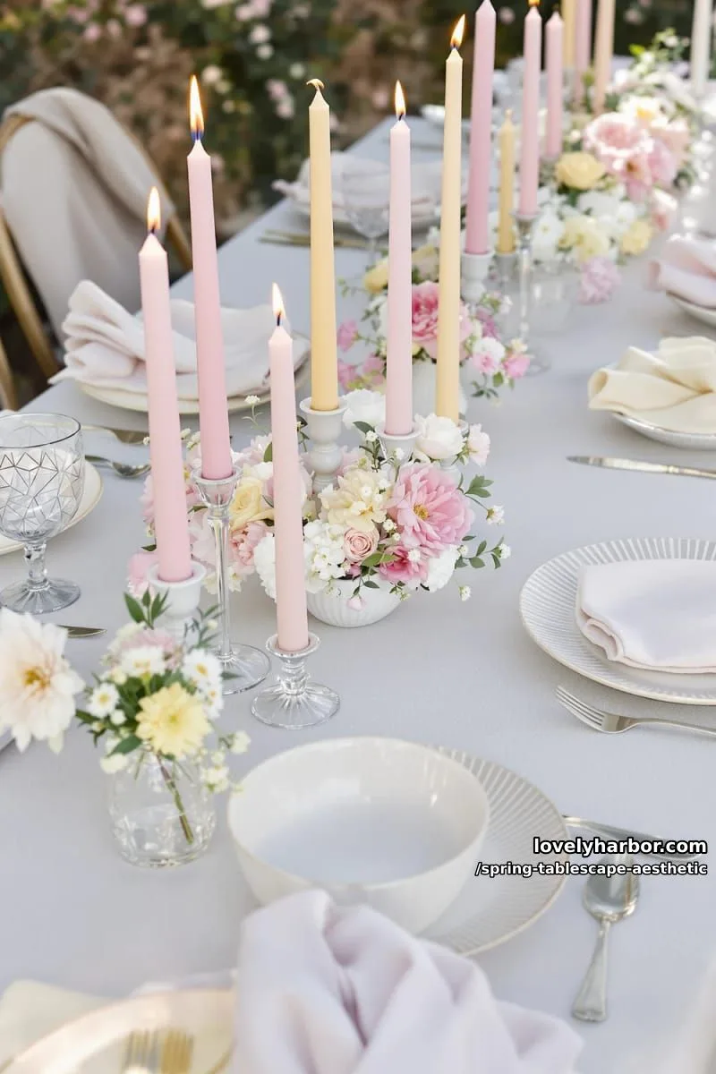 layered pink and yellow taper candles with textured ceramic tableware 1