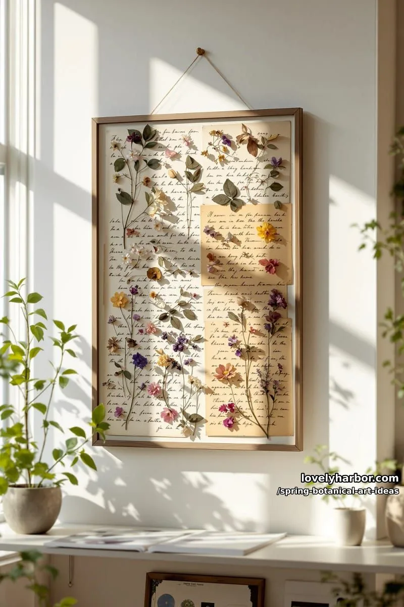 layered pressed flower art over antique handwritten letters 1