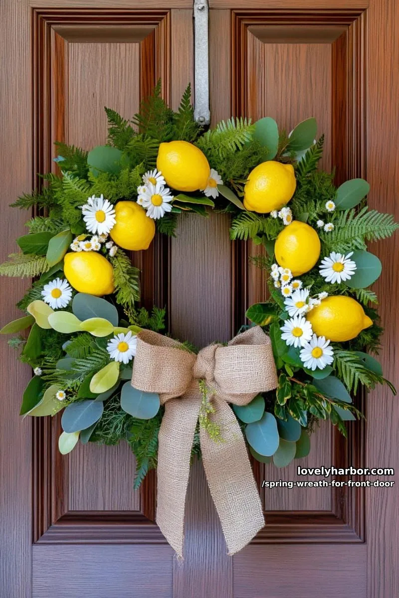 15 Unique Front Door Spring Wreaths for a Charming Entryway 28 lemon and greenery wreath with burlap bow and mini daisies 1