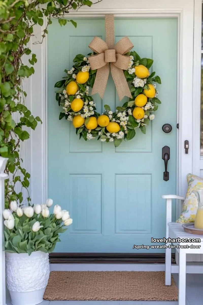15 Unique Front Door Spring Wreaths for a Charming Entryway 29 lemon and greenery wreath with burlap bow and mini daisies 1