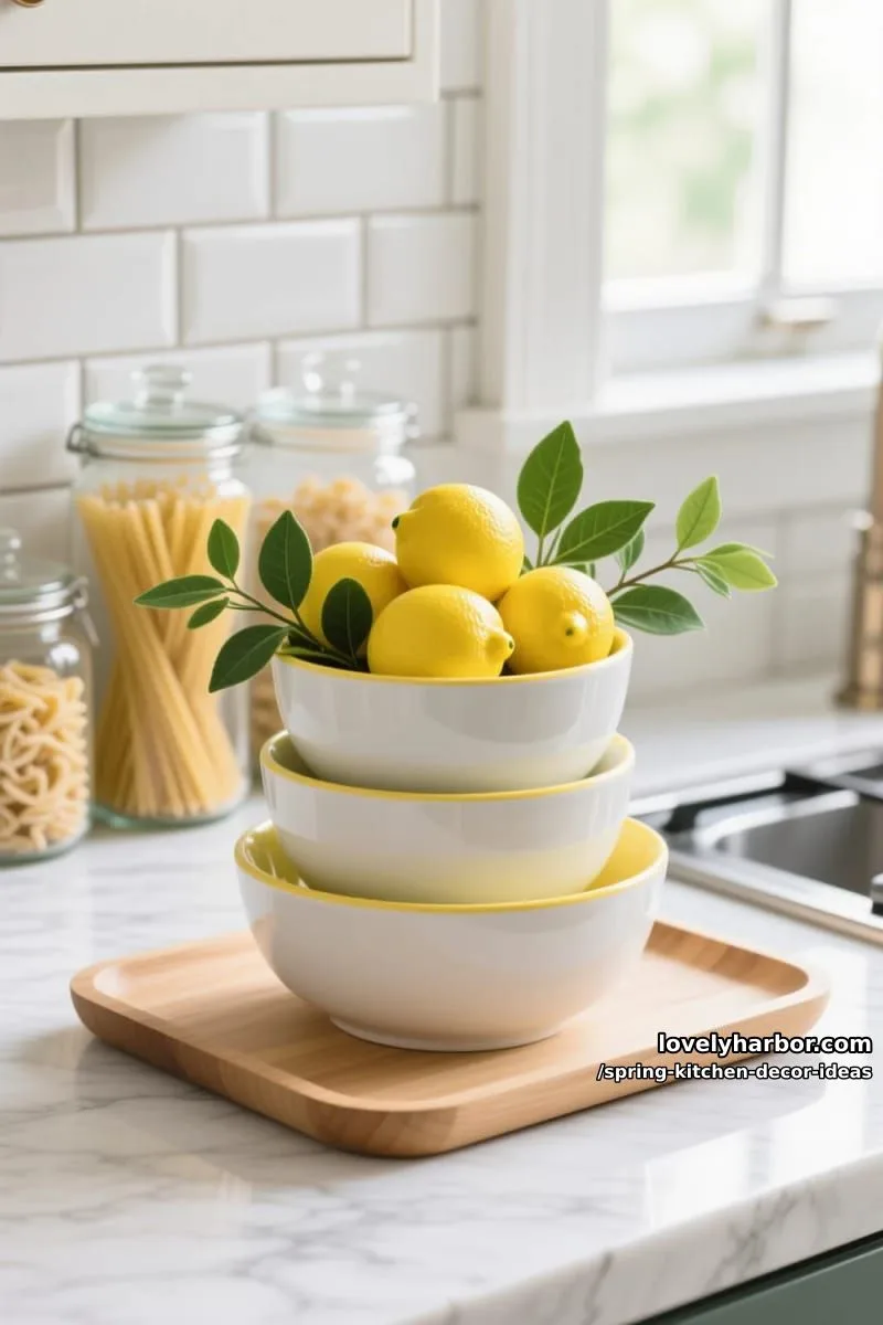 lemon-themed centerpiece with stacked bowls and faux greenery sprigs 1