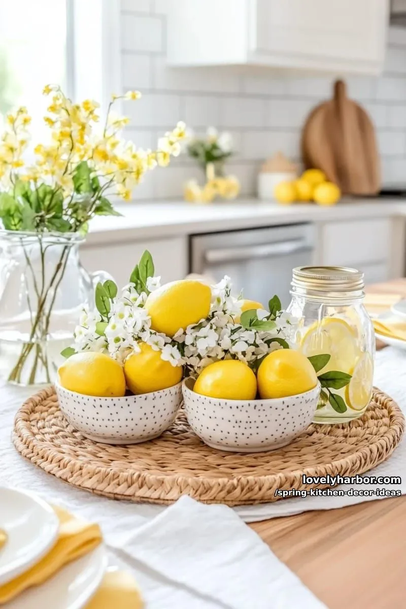 lemon-themed centerpiece with stacked bowls and faux greenery sprigs 1