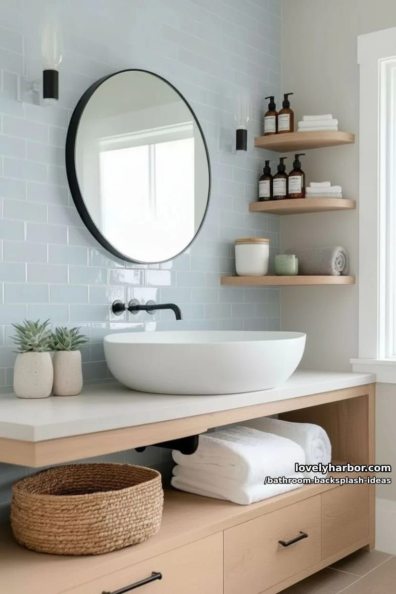 light blue elongated subway tiles paired with natural stone countertops 1