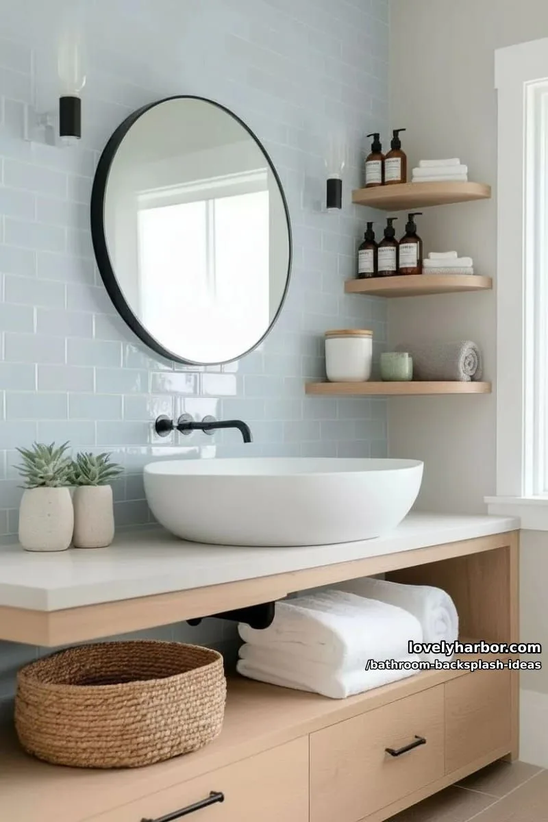light blue elongated subway tiles paired with natural stone countertops 1