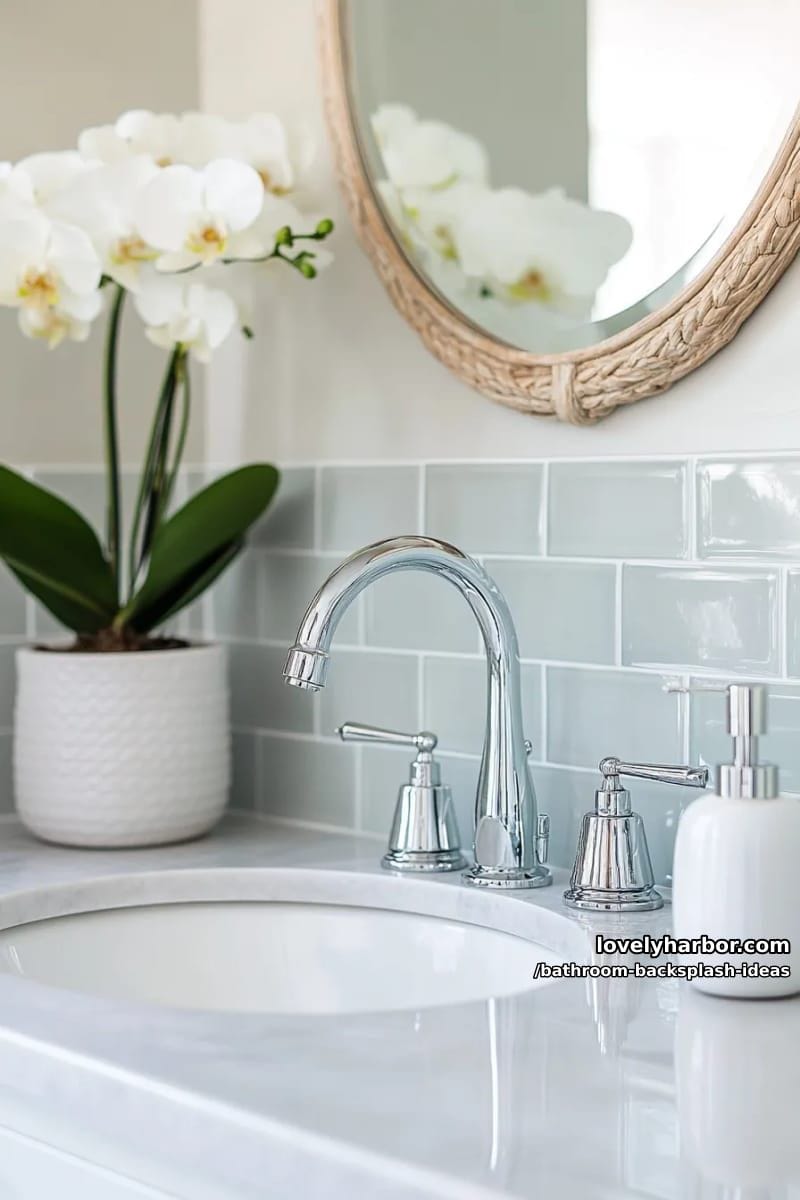light blue elongated subway tiles paired with natural stone countertops 1