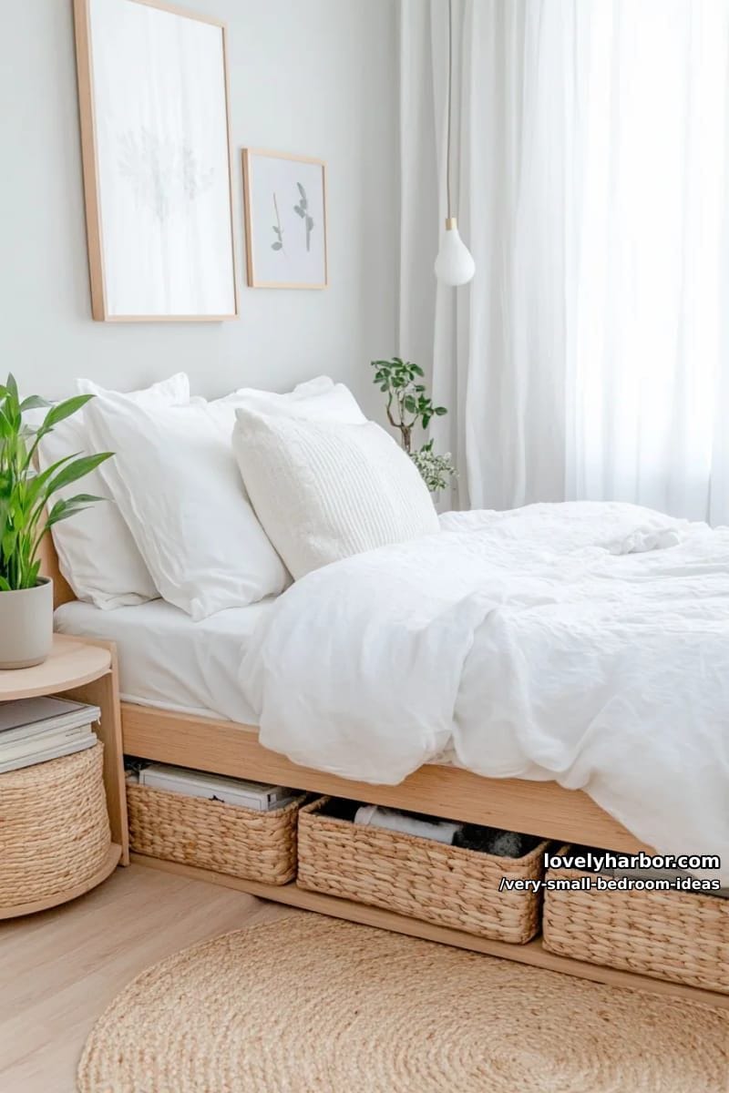 light wood platform bed with pull-out baskets underneath 1