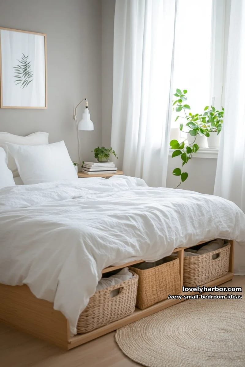 light wood platform bed with pull-out baskets underneath 1