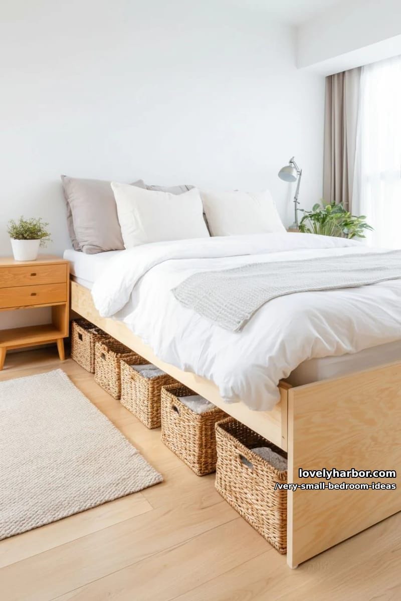 light wood platform bed with pull-out baskets underneath 1