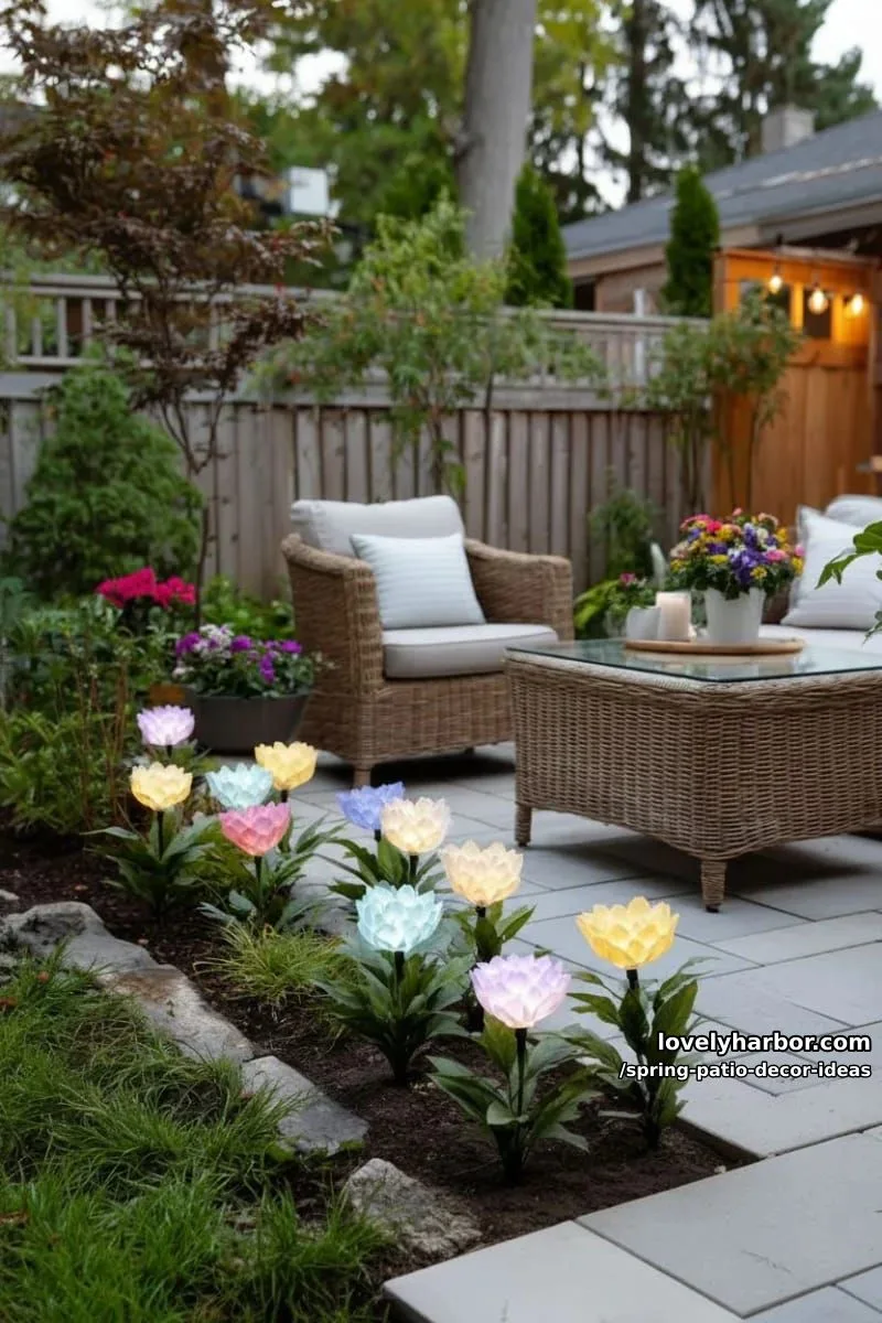 21 Spring Patio Decor Ideas To Welcome The New Season 49 line the patio edge with solar-powered flower-shaped stake lights 1
