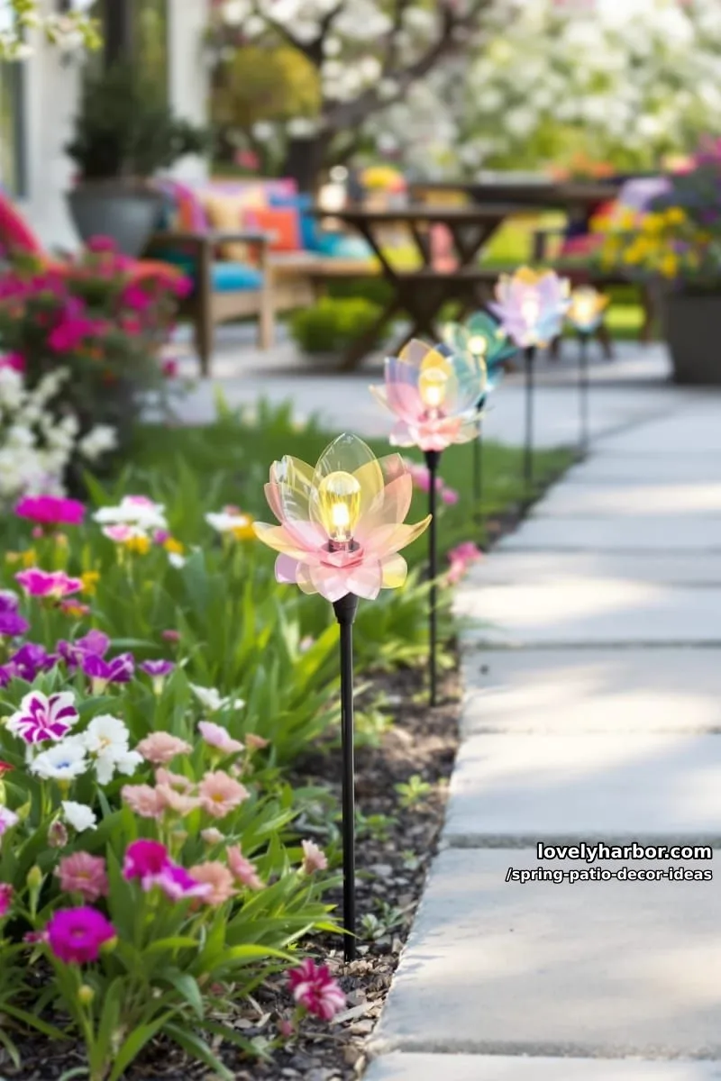 21 Spring Patio Decor Ideas To Welcome The New Season 50 line the patio edge with solar-powered flower-shaped stake lights 1