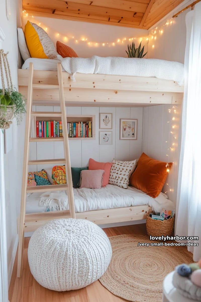 lofted bed with cozy reading nook underneath and fairy lights 1