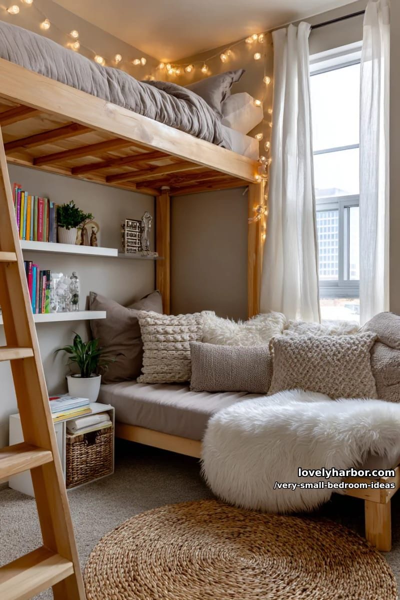 lofted bed with cozy reading nook underneath and fairy lights 1