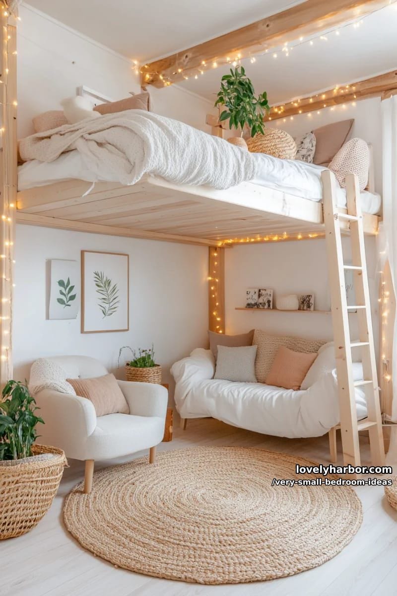 lofted bed with cozy reading nook underneath and fairy lights 1
