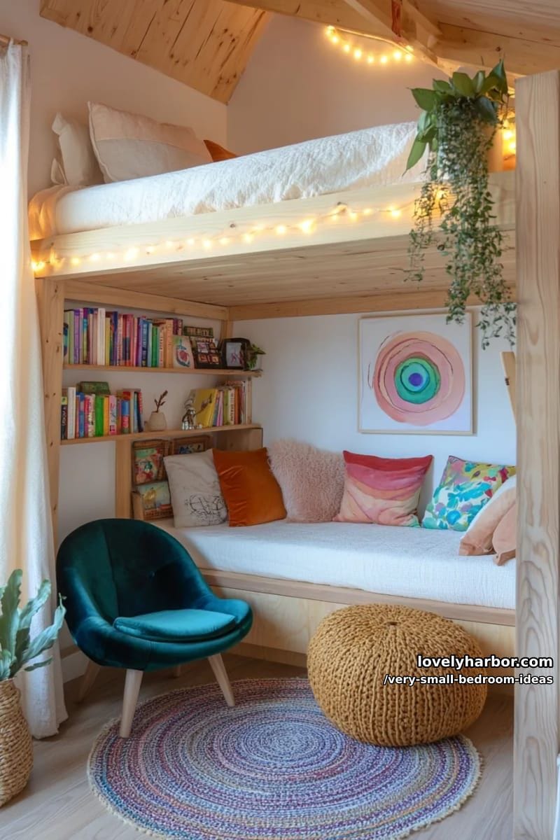 lofted bed with cozy reading nook underneath and fairy lights 1