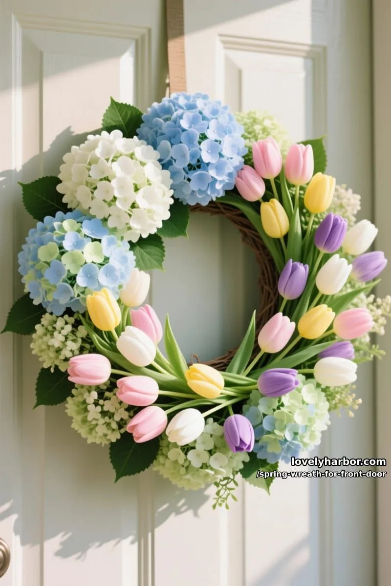 15 Unique Front Door Spring Wreaths for a Charming Entryway 40 lush dual-layered wreath—hydrangea outer ring, pastel tulips inner ring 1